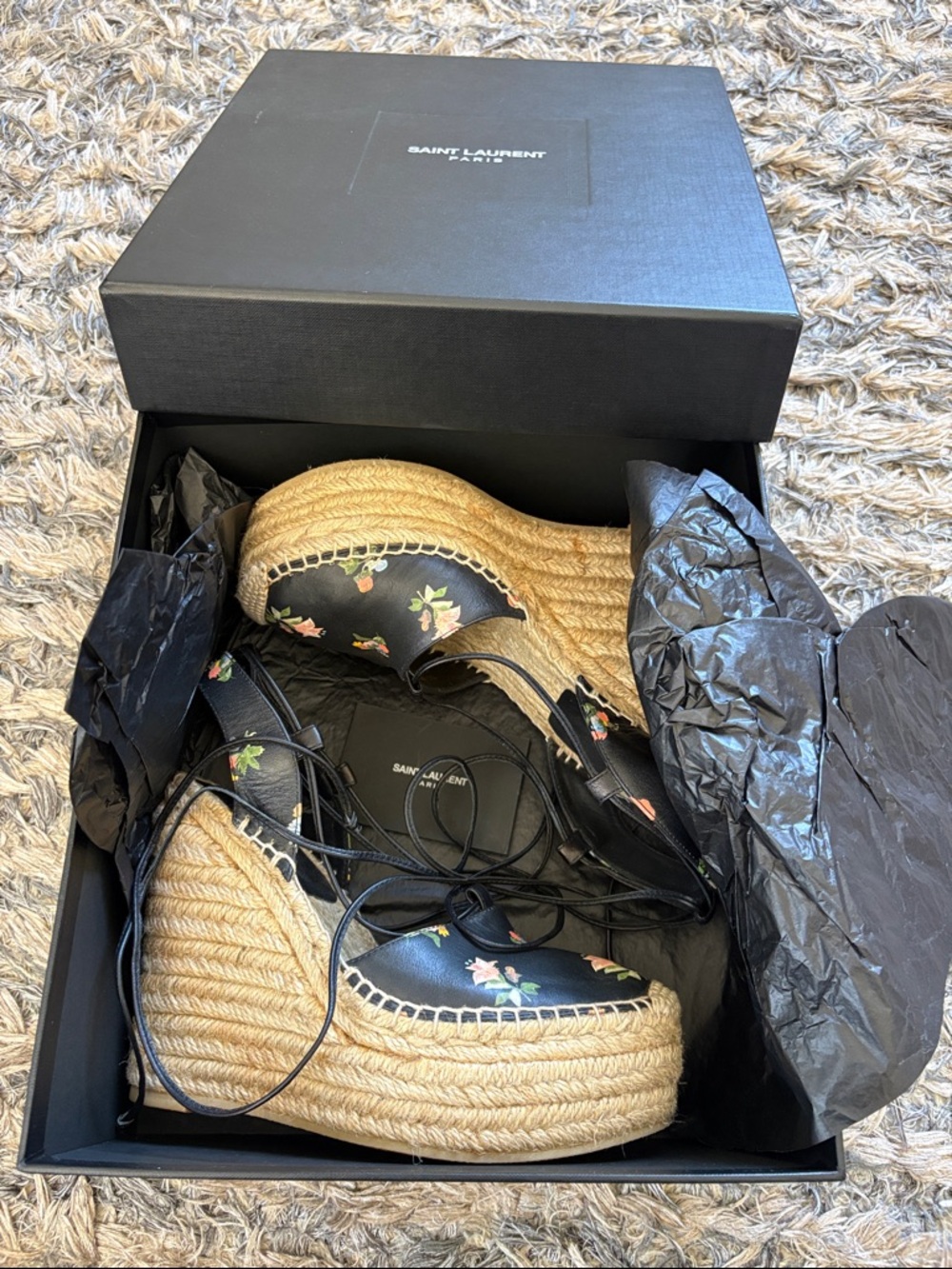 Saint Laurent Natural Raffia Wedges with Black Floral Ties 36 - Picture 12 of 13